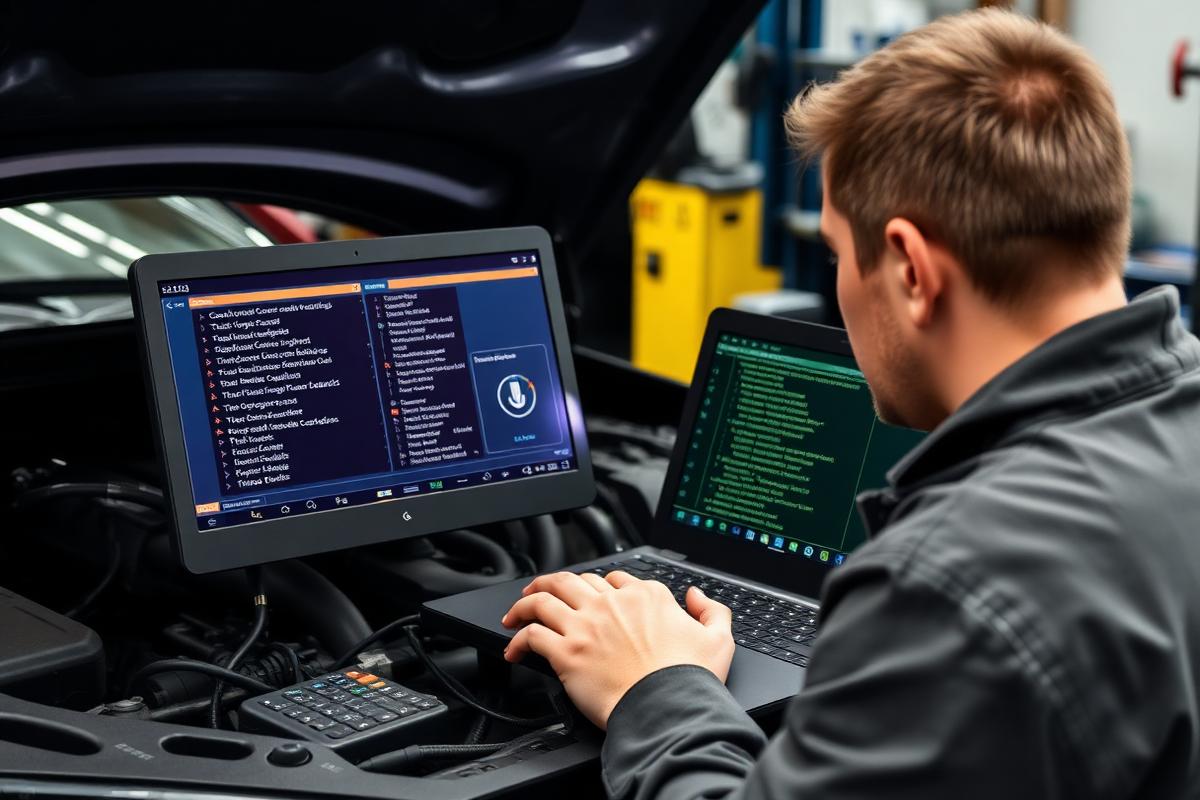 Tekniker felsöker dieselmotor med diagnosdator