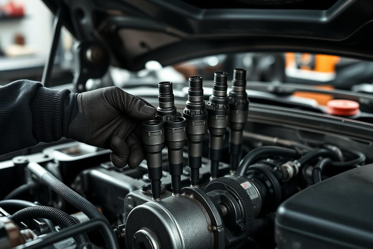 Mekaniker byter dieselspridare i motorrum