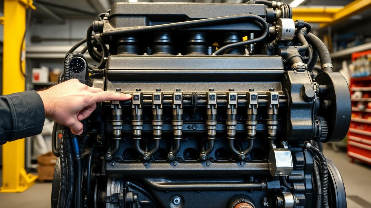 Femcylindrig Volvo dieselmotor i verkstad