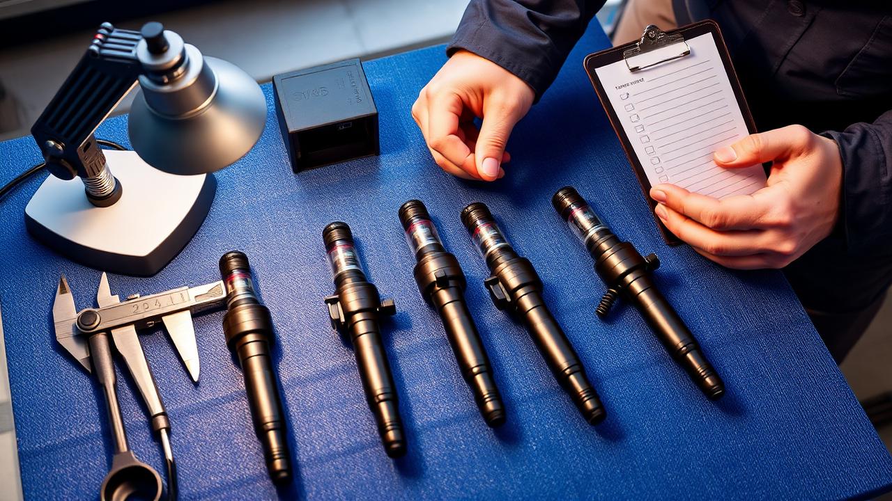 Tekniker kontrollerar fyra dieselspridare på verkstadsmatta