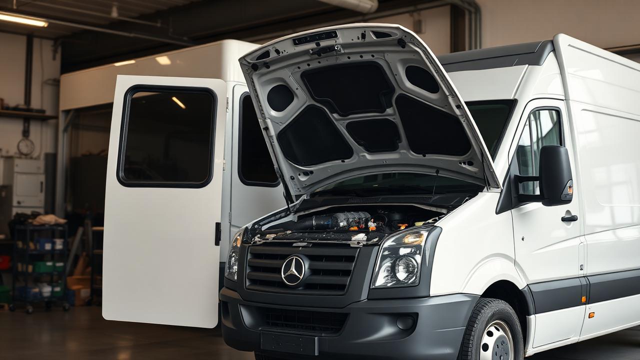 Ford Transit-liknande skåpbil med öppen huv i verkstad
