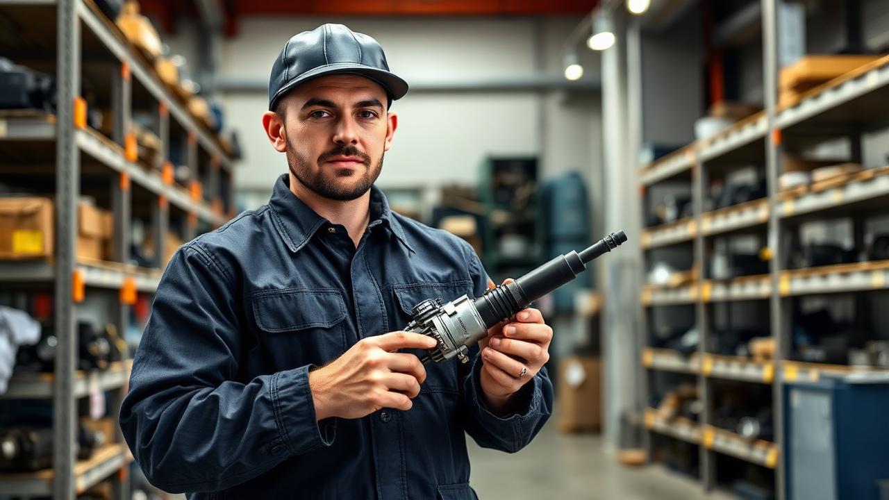 Dieselspecialist håller upp en common rail-spridare i verkstaden