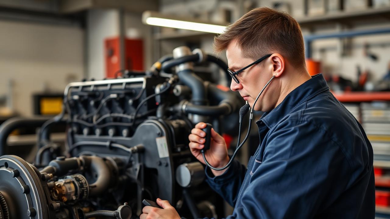 Mekaniker lyssnar på dieselmotor med stetoskop