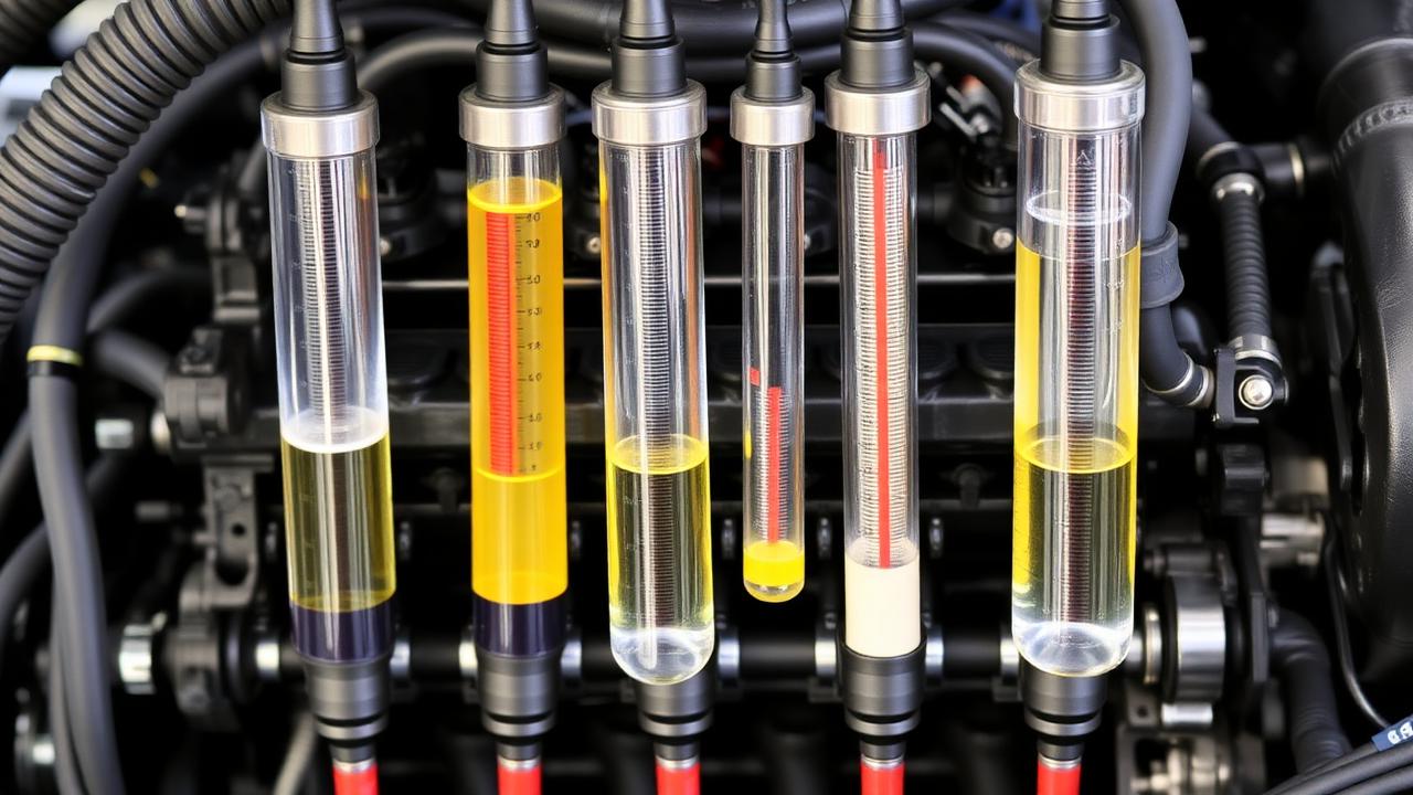 Returflödestest med mätcylindrar på dieselspridare