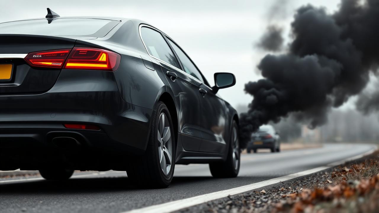 Dieselbil med varningsblinkers och svart rök vid vägkanten