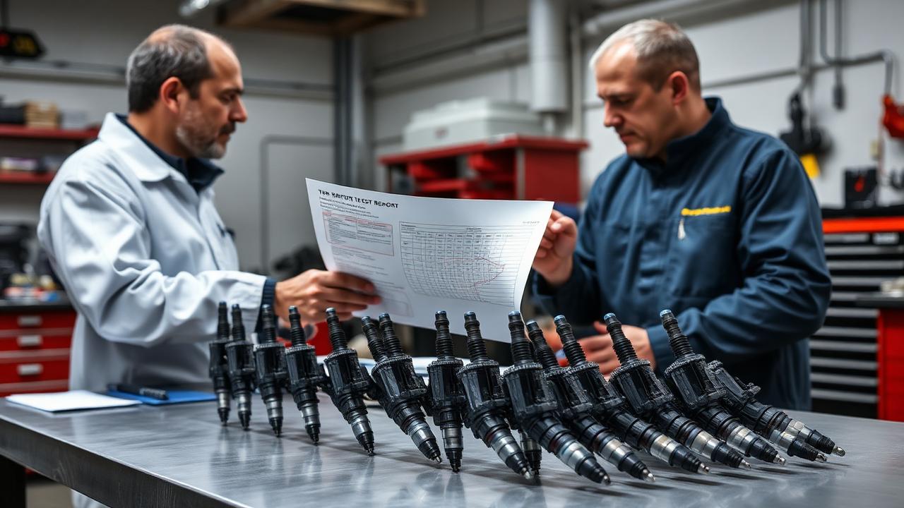 Tekniker går igenom testrapport för dieselspridare