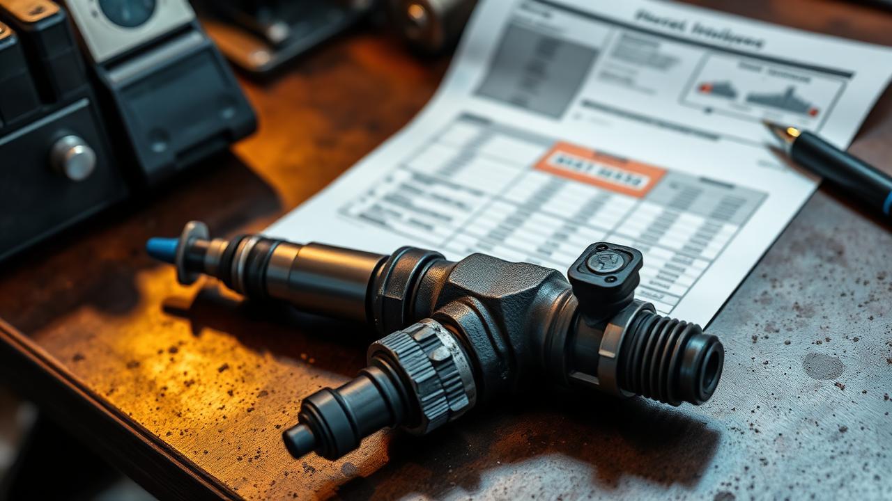 Dieselspridare bredvid diagnosutskrift på verkstadsbord